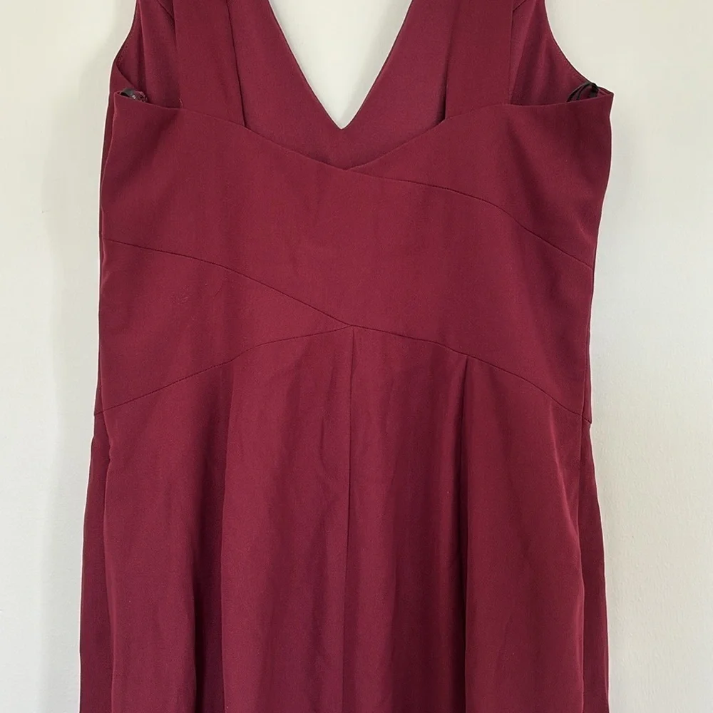 Dessy Collection vneck open back trumpet maroon red long maxi formal dress gown